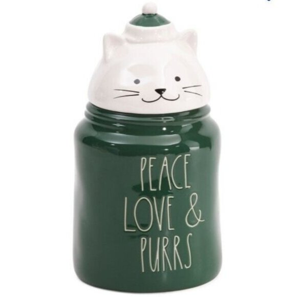 Rae Dunn "Peace Love & Purrs" Cat Treat Canister Green White w/ Lid 12x5" - Picture 1 of 1
